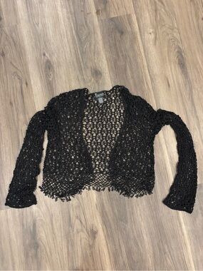 NY Collection Black Open-Knit Cropped Cardigan